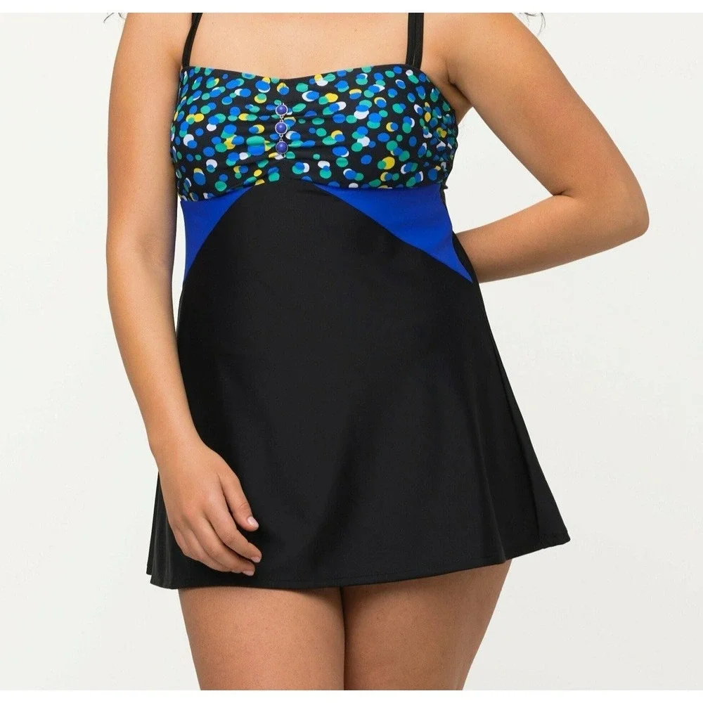 Ulla Popken Size 12 Swimsuit‎ Swim Dress Black | Blue Print with Bead Accents
